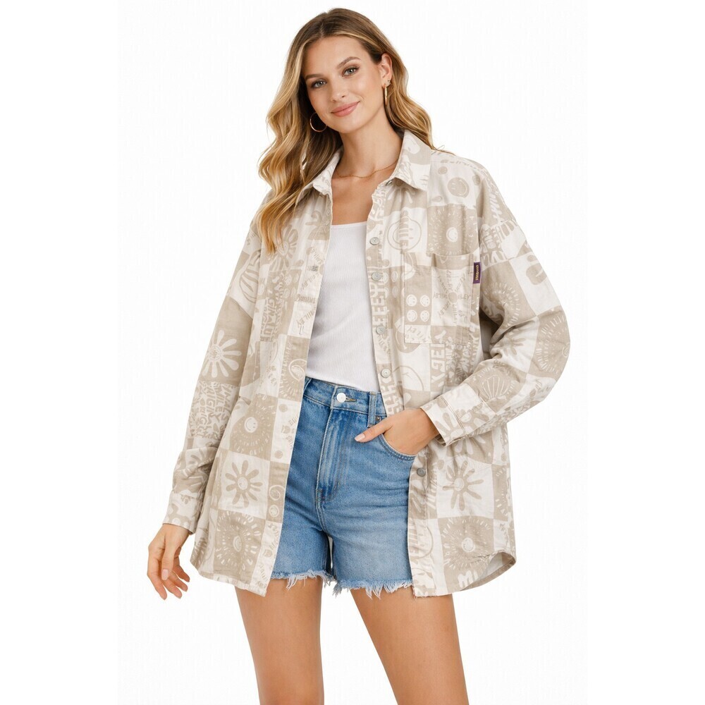 H&M Smiley Face Shirt Jacket Oversized Shacket Size Small Neutral Graphic